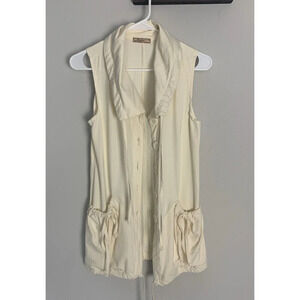 Aloha Sleeveless Cream  Top Collared Button Down ‎  Drawstrings Big Pockets Med